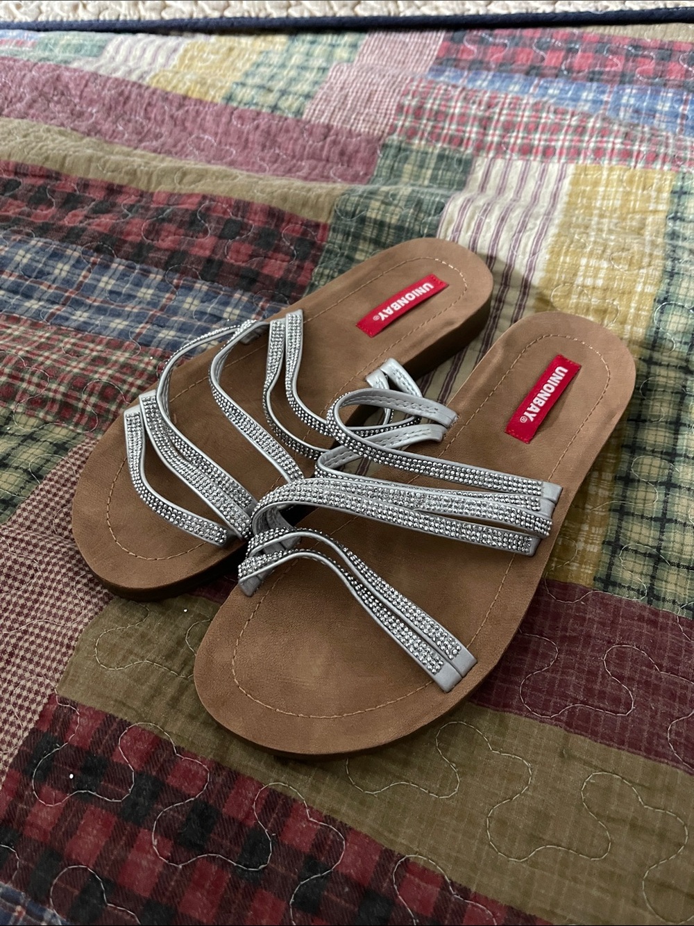 UNIONBAY Silver Rhinestone Strappy Slide Sandals